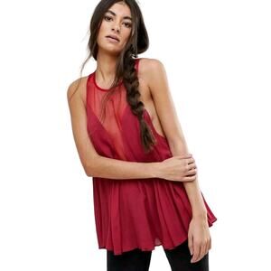 Free People Women Rasberry Red Mesh Illusion Peplum Blouse Size Medium